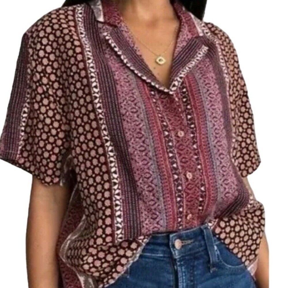Rachel Zoe Linen Multi-Print Button Front Cropped Shirt, Size M